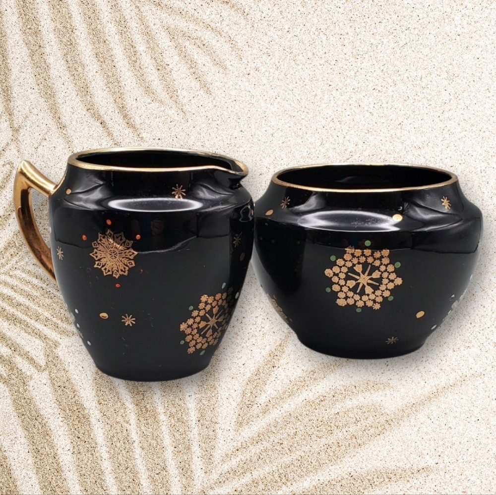 Vintage Redware Black With Gold Creamer/Sugar Bowl Hand Painted Made In Japan